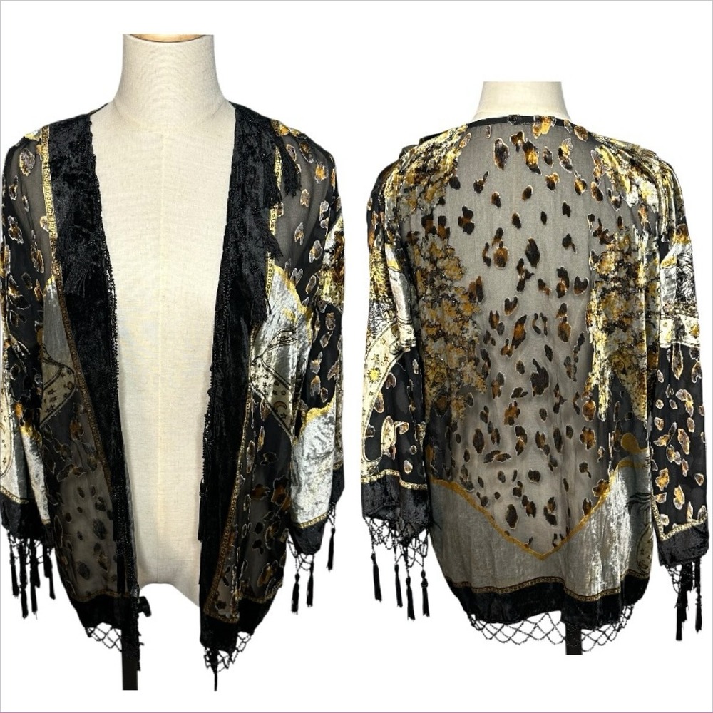 Jayley‎ Silk Blend Velvet Fringe Kimono Boho Festival Celestial Whimsigoth S-L - Picture 15 of 15
